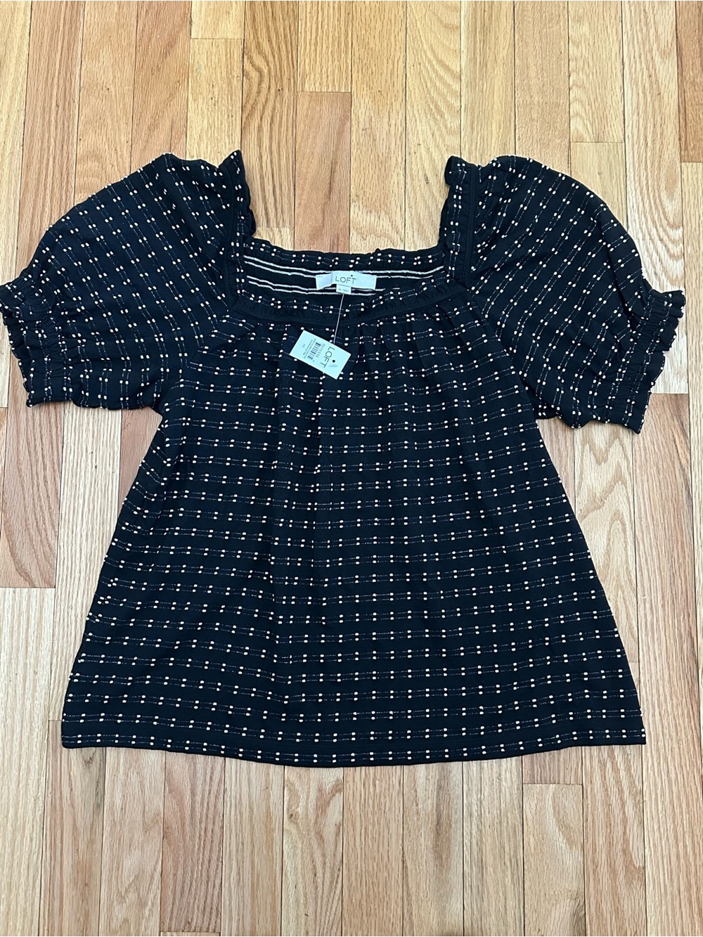 LOFT Black Square-Neck Puff Sleeve Top with white Dot Grid